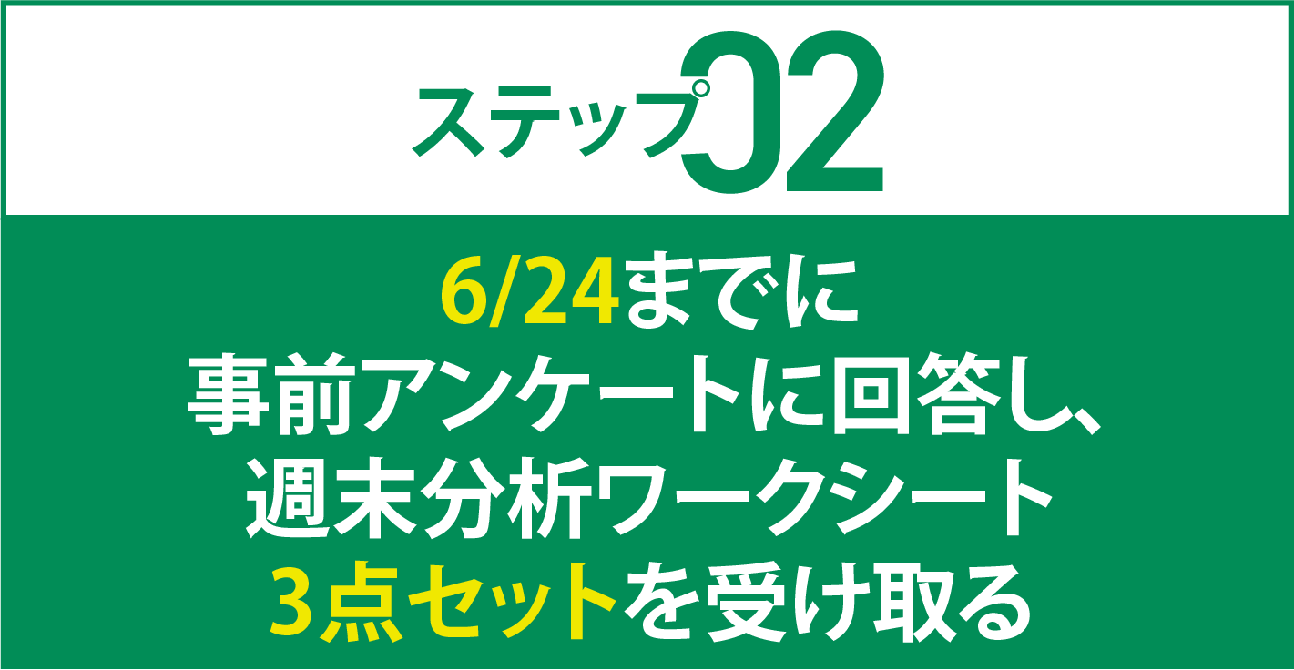 STEP02 6/24までに事前アンケートに回答し週末分析ワークシート3点セットを受け取る